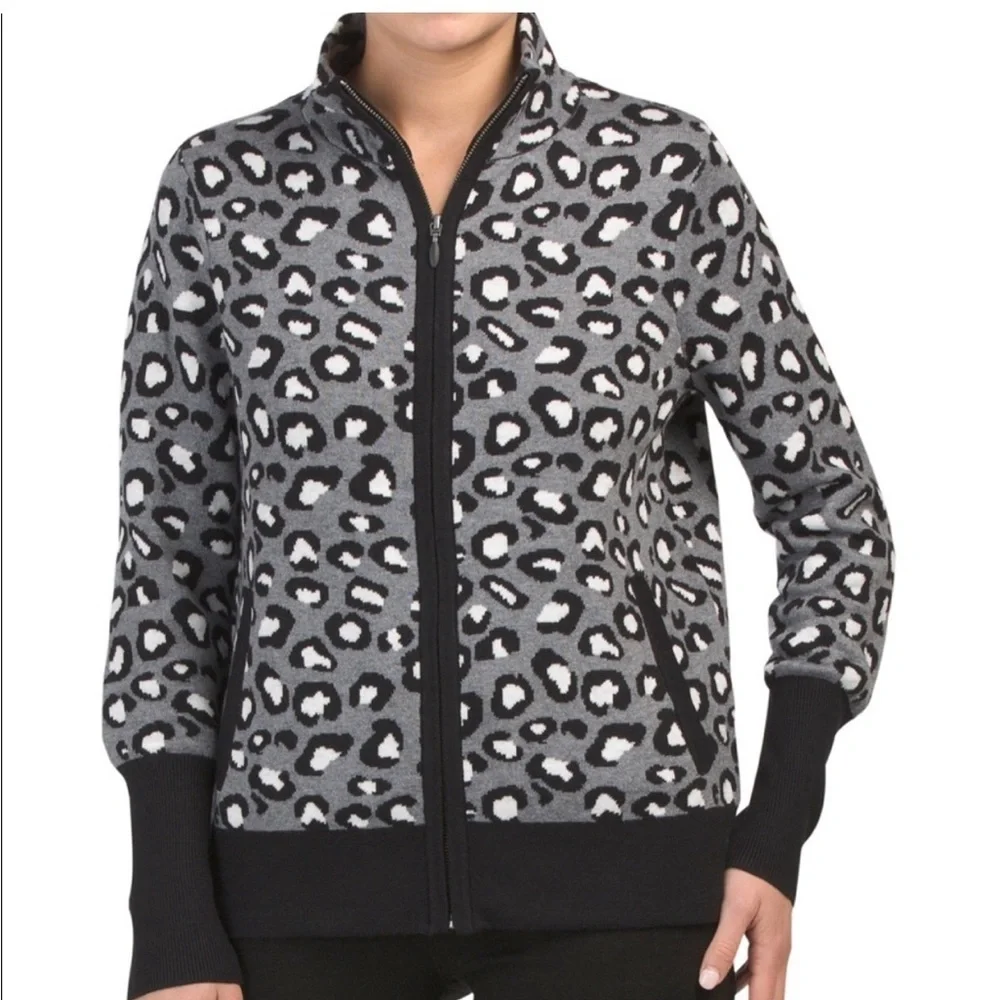 Rachel Zoe Grey and Black Leopard Full Zip Front Sweater Cardigan